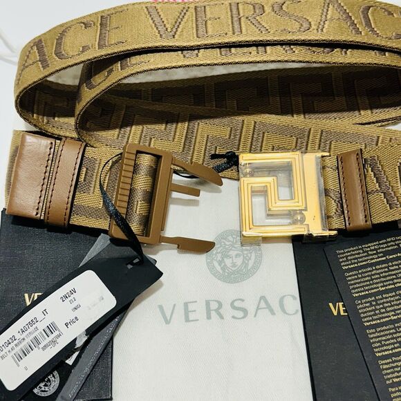 NWT Versace All-Over Logo Reversible Gold Buckle Brown Greca Ribbon Belt $425 - Picture 8 of 9